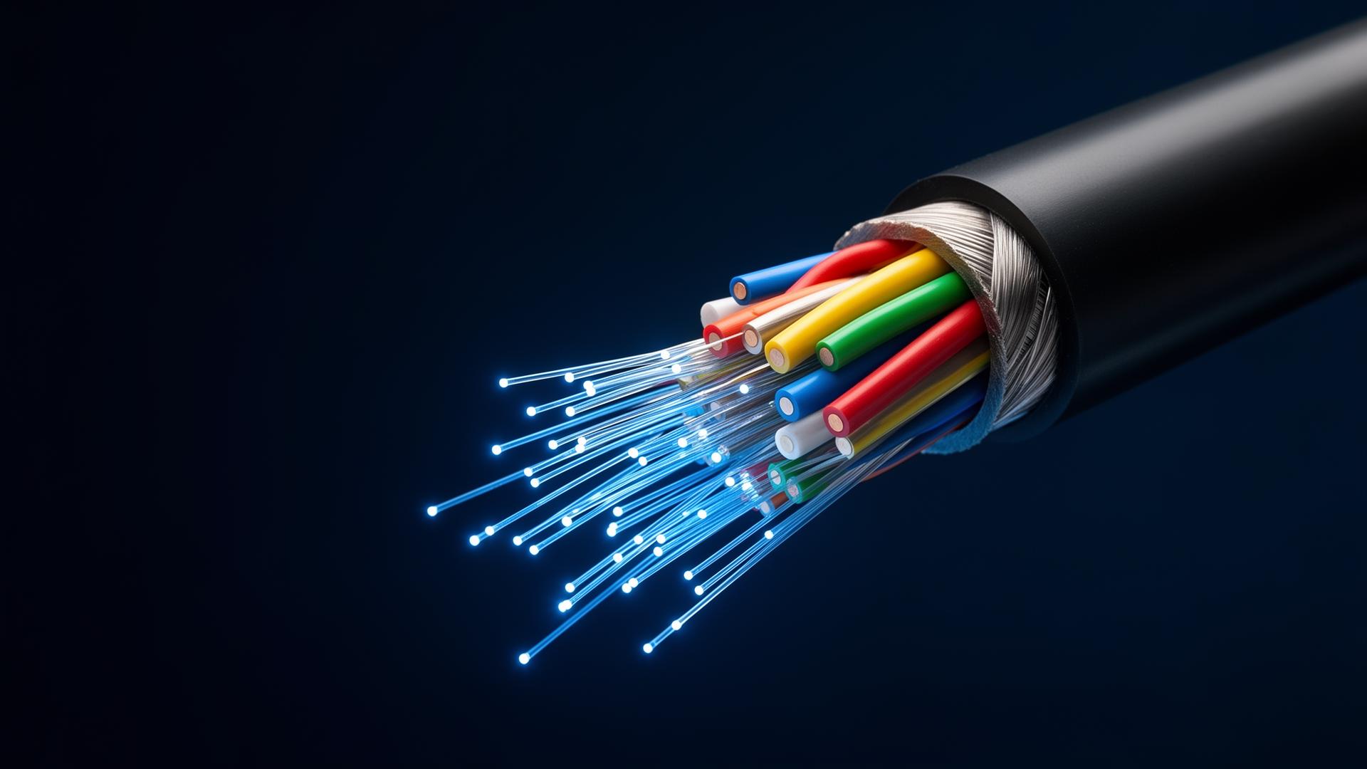Närbild av fiberoptisk kabel med upplysta fibertrådar